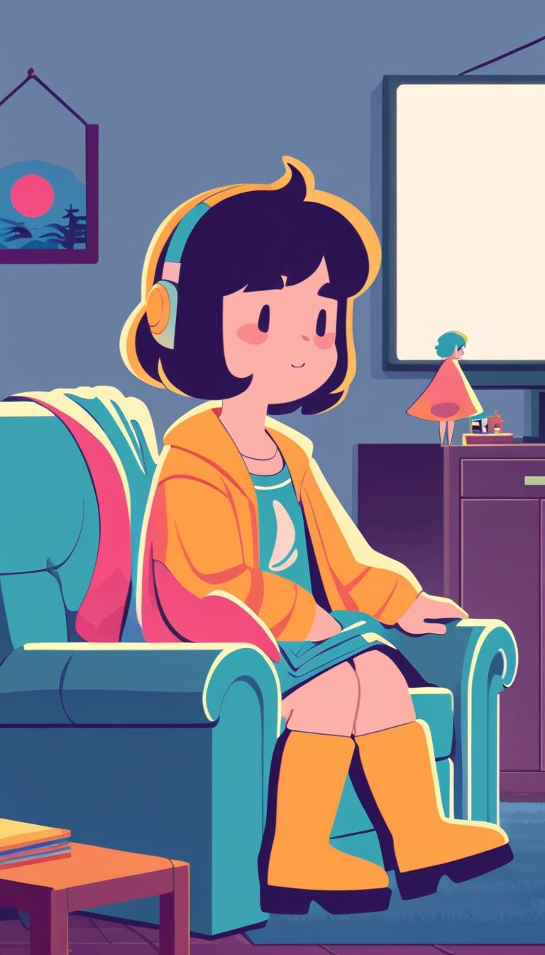 Cartoon of a woman sitting on a chair in the living room, flat figure, figure style, Inspired by NEVERCREW, Laurie Griesley's style, lo-fi figure style, Morning Time, Illustration art, Lofi Art, advertisement, Lo-fi Girl, Lofi Artstyle, Website Avatar, #figure, figure detailed, 6k, 6k yen,Computer desk