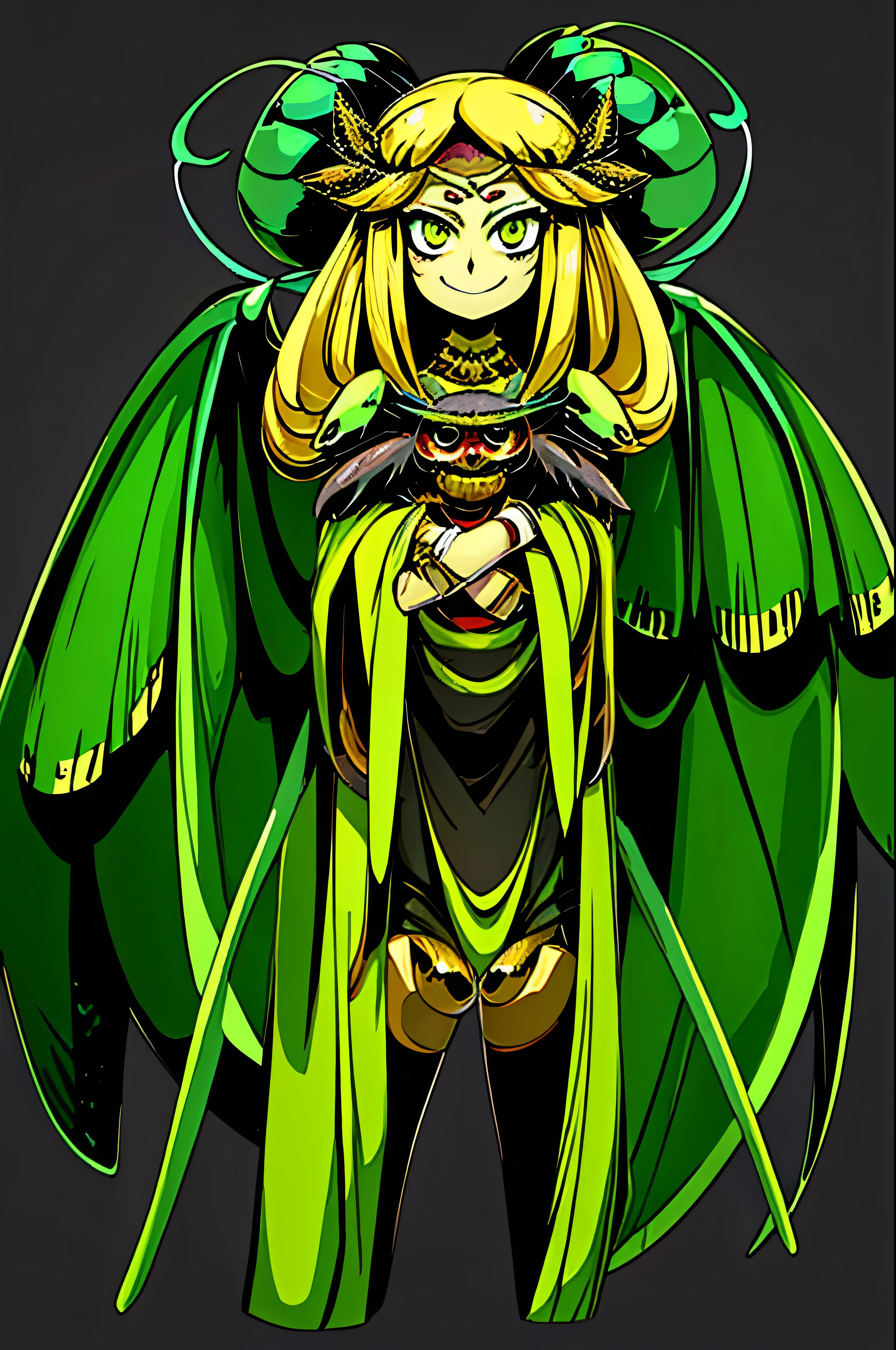 1girl, chibi spider girl, monster musume, 9 , hairy thin long spider legs, dragonfly wings, moth antenas on head, blonde long hair, yellow hair, green clothes, green eyes, flat chest, smiling innocently, hades style, hadesstyle, hades2style, hades 2 style