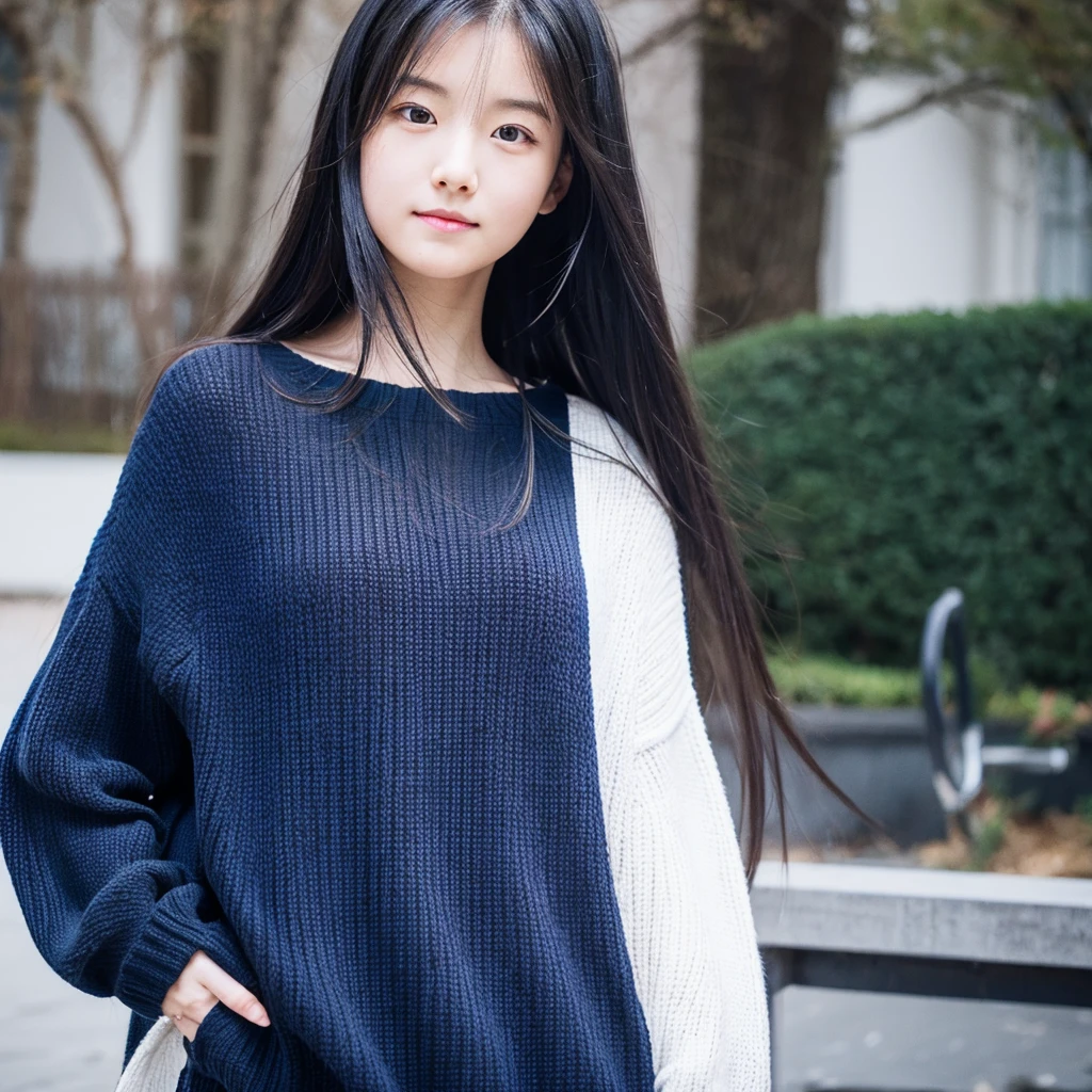 one girl, white skin, has long hair and straight dark blue hair, she wear black sweater.