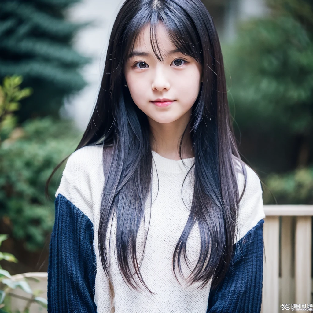 one girl, white skin, has long hair and straight dark blue hair, she wear black sweater.