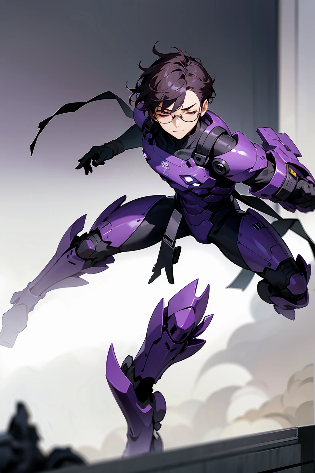 1male, Young Adult, Dark Violet Hair, Eyes Closed, Short Hair, Dojo Background, Slight Smile, Glasses, Standing In City, Detailed background, Black and White Combat Suit