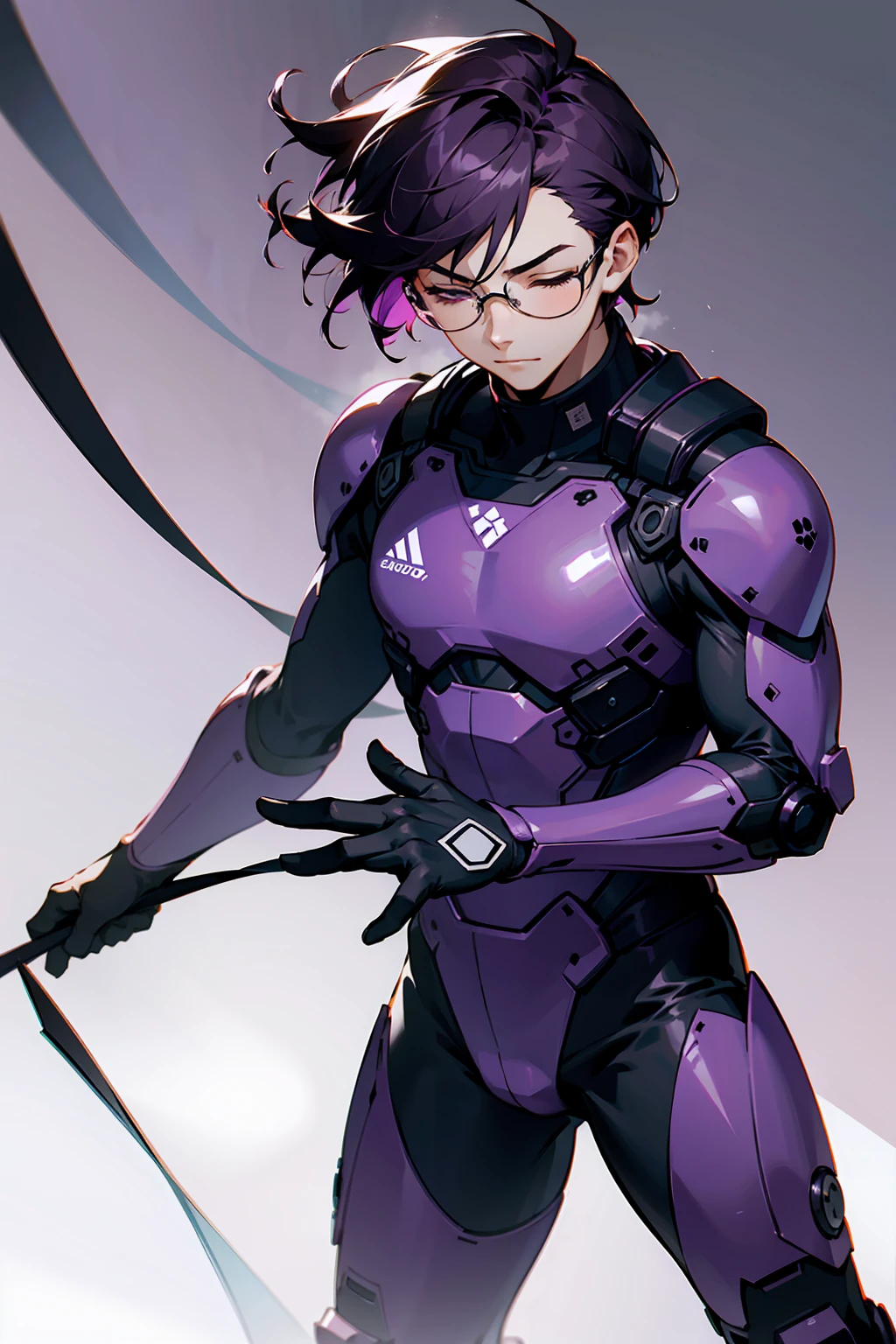 1male, Young Adult, Dark Violet Hair, Eyes Closed, Short Hair, Dojo Background, Slight Smile, Glasses, Standing In City, Detailed background, Black and White Combat Suit