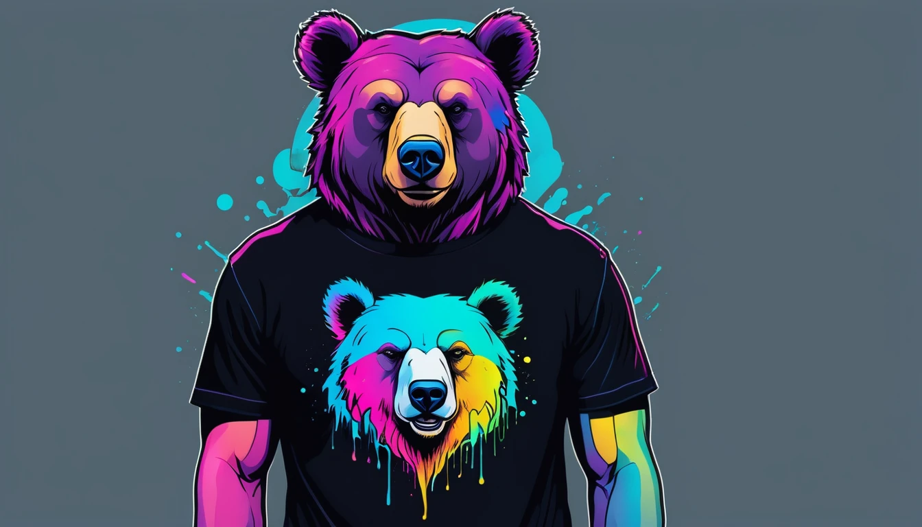 a portrait of Cyberpunk bear with colored fluid, T-shirt logo in tapered thin outline style, spell view, artwork