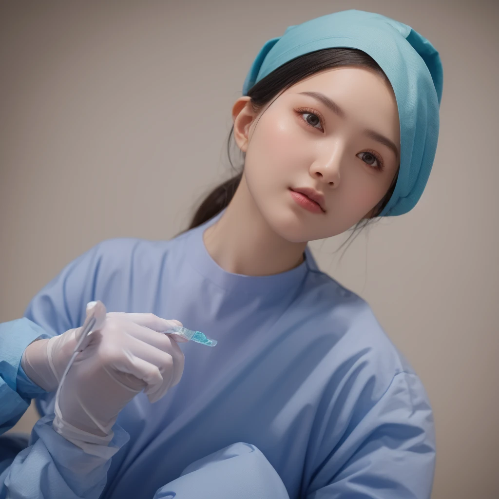 modern operating room, overhead surgical light, looking downward, 1girl, surgery_pov, view from below, pov, beautiful slim Korean woman, wearing (long sleeve surgical outfit, surgical mask, surgical gloves, surgical cap), solid circle eyes, ccurate, sparkling eyes, high detail, photo-realistic:1.37, 8k, super detail, best quality, masterpiece, anatomically correct, super detail, textured skin, extremely detailed face and eyes, detailed facial features, ((perfect face))