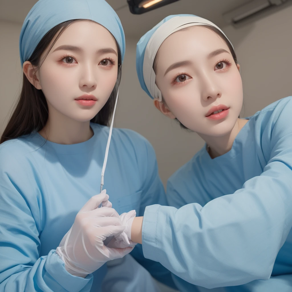 modern operating room, overhead surgical light, looking downward, 1girl, surgery_pov, view from below, pov, beautiful slim Korean woman, wearing (long sleeve surgical outfit, surgical mask, surgical gloves, surgical cap), solid circle eyes, ccurate, sparkling eyes, high detail, photo-realistic:1.37, 8k, super detail, best quality, masterpiece, anatomically correct, super detail, textured skin, extremely detailed face and eyes, detailed facial features, ((perfect face))