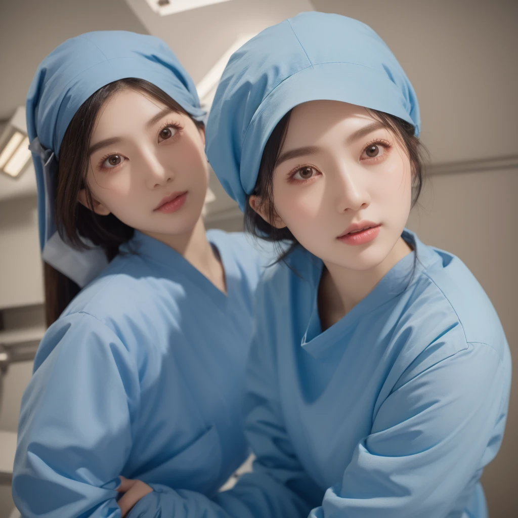 modern operating room, overhead surgical light, looking downward, 1girl, surgery_pov, view from below, pov, beautiful slim Korean woman, wearing (long sleeve surgical outfit, surgical mask, surgical gloves, surgical cap), solid circle eyes, ccurate, sparkling eyes, high detail, photo-realistic:1.37, 8k, super detail, best quality, masterpiece, anatomically correct, super detail, textured skin, extremely detailed face and eyes, detailed facial features, ((perfect face))