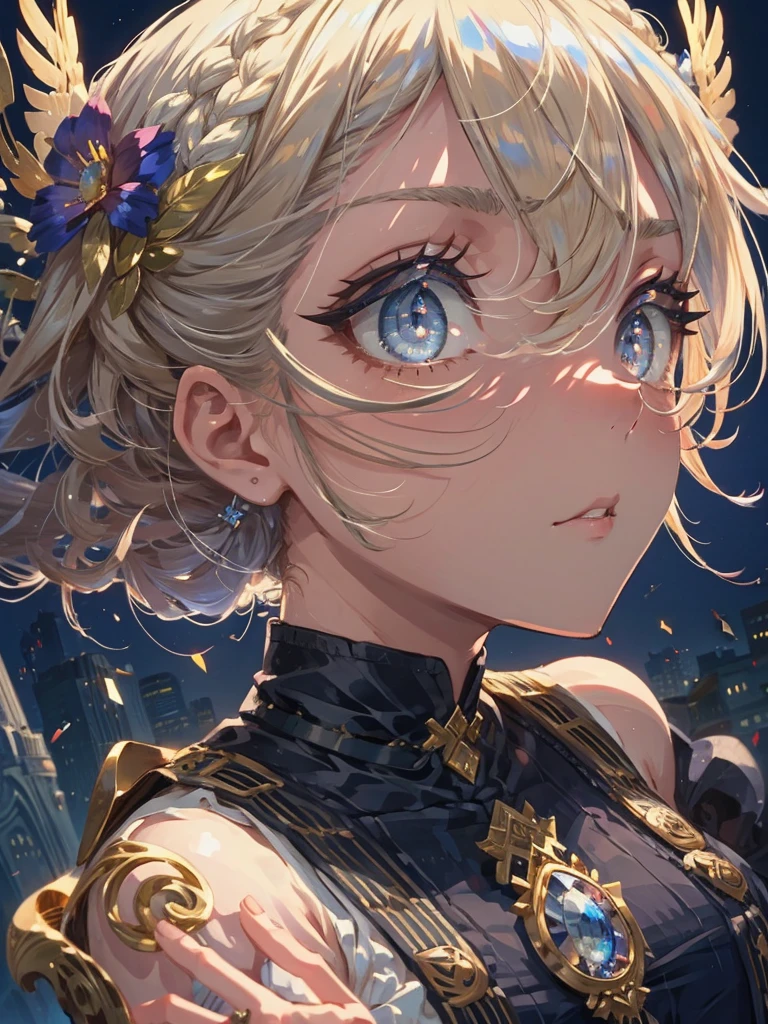 single anime girl, age, short
BREAK long blond hair, braid, side bangs, hair ornament, flower hair clip, blue eyes, thin lips, small , thin thighs
BREAK casual dress, gold ring, sleeveless dress, dark blue dress
BREAK looking at viewer, upper body, blush, slightly annoyed face, walking, dynamic pose
BREAK middle ages city background
BREAK (masterpiece:1.2), best quality, high resolution, unity 8k wallpaper, (illustration:0.8), (beautiful detailed eyes:1.6), extremely detailed face, perfect lighting, extremely detailed CG, (perfect hands, perfect anatomy)