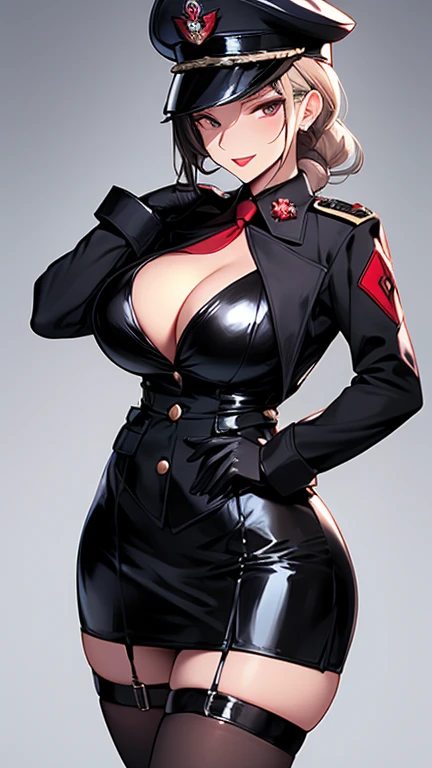 Mature Woman,(uniform,Tight Skirt, High heels,stockings,Uniform cap)((Female Officer、female soldier、female cadres、NCO、Assassin)),、((A seductive smile)), (From above:1.1), blush, eyelash, Beautiful Eyes, belly button, Fishnet Focus),Mole on chest, Perfect body, Thick thighs, Wide Hips, Seductive Woman, Red lips, Shadow, Villainess,latex,Holster on thigh, There is cleavage in the chest,Spread your legs and seduce