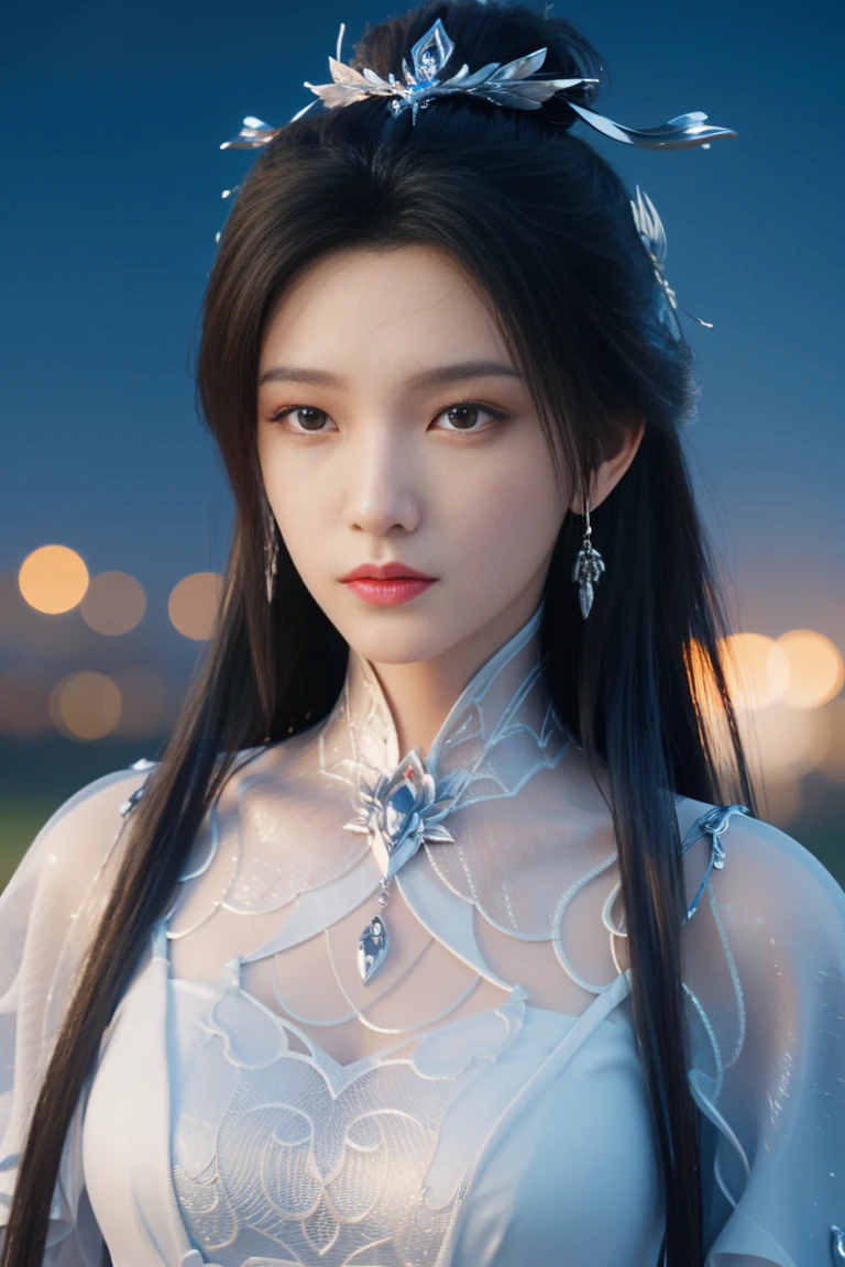best quality, tmasterpiece,Ultra-high resolution,Clear face,（Reality：1.4），ferpect lighting，(upper body photo), (photorealistic:1.50), anime wallpaper, Guviz style artwork , cover-up fantasy to magic, by Yang J, Guviz, beautiful artwork illustration, beautiful digital artwork, beautiful digital illustration, Li Song, beautiful anime portrait, art style at Beauvot, 1girl,solo, long hair, black hair, hair ornament, Chinese dress,