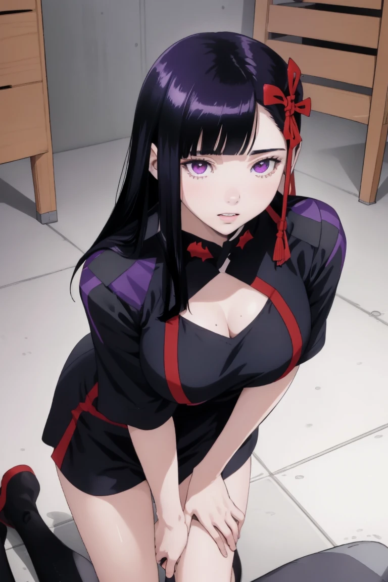 ((best quality)), ((masterpiece)), (detailed), (high resolution), perfect face, 1 Women, (violet slit eyes:1.3), (long black hair), Straight across bangs, (grown-up face:1.4), parted lips, medium breasts, holding towel, towel on leg, lower body, (leaning forward:1.3), (molest), Stimulating, (Embarrassed face), (orgasm:1.2), (anime coloring:1.1), Stimulating, (Yamashiro Ren), Mato Seihei no Slave, looking at viewer, a red hair ribbon, 2d, illustration,