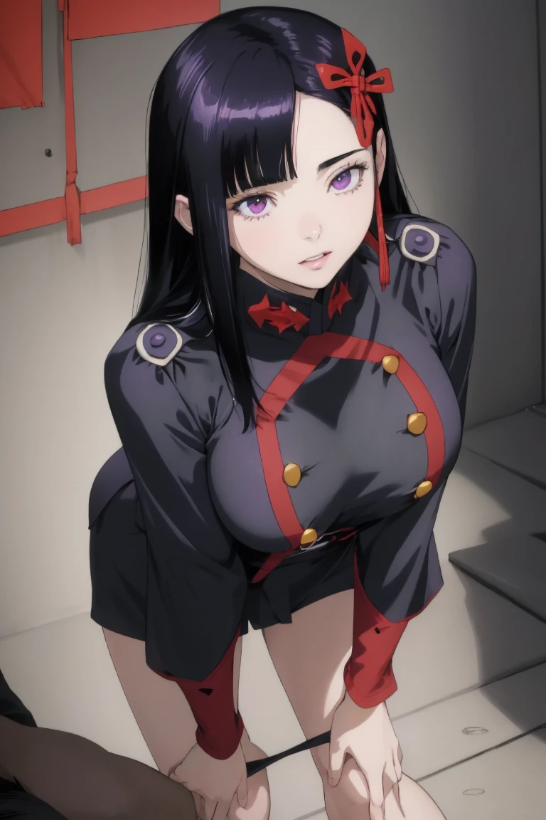 ((best quality)), ((masterpiece)), (detailed), (high resolution), perfect face, 1 Women, (violet slit eyes:1.3), (long black hair), Straight across bangs, (grown-up face:1.4), parted lips, medium breasts, holding towel, towel on leg, lower body, (leaning forward:1.3), (molest), Stimulating, (Embarrassed face), (orgasm:1.2), (anime coloring:1.1), Stimulating, (Yamashiro Ren), Mato Seihei no Slave, looking at viewer, a red hair ribbon, 2d, illustration,