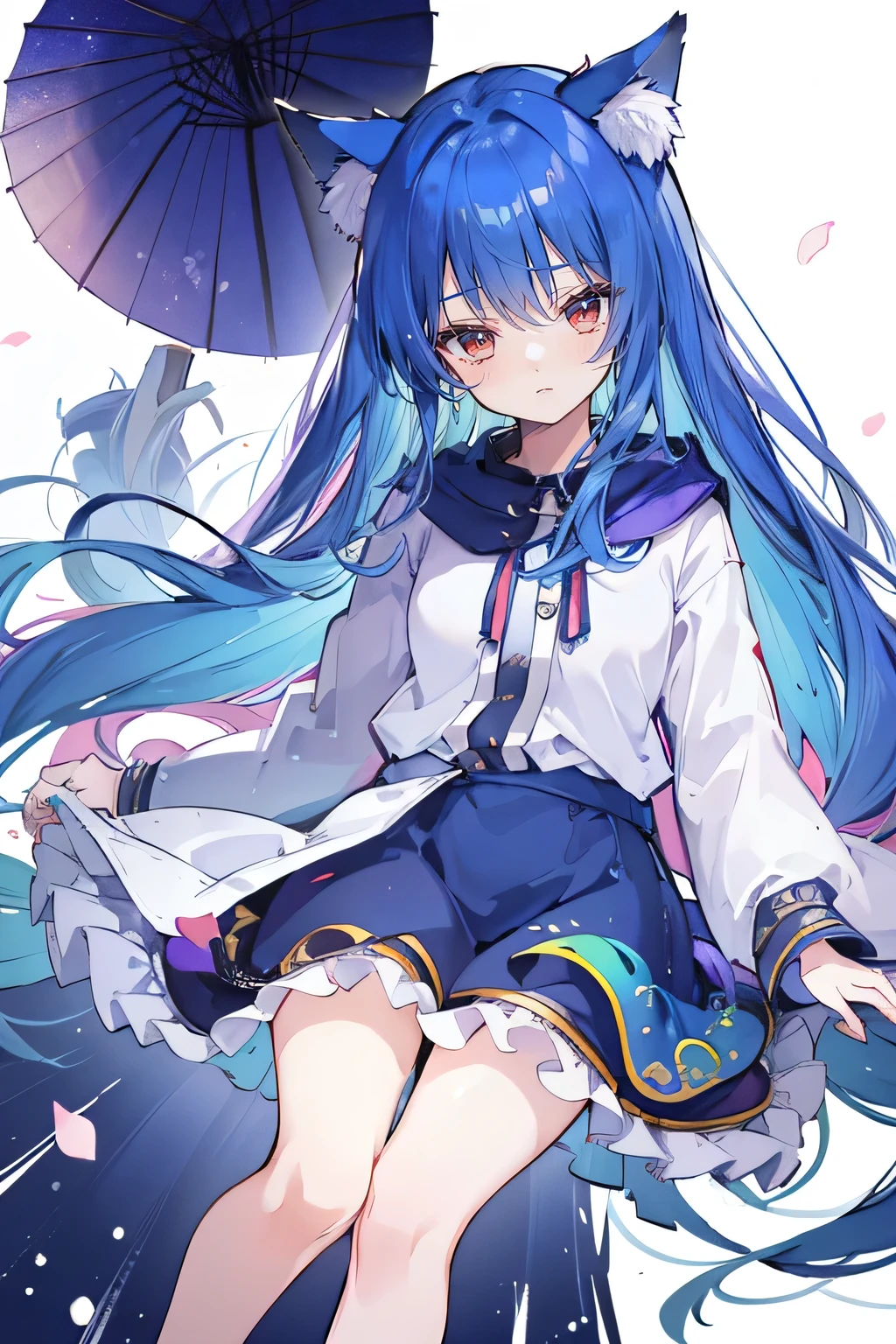 （masterpiece：1.2），Super detailed，lifelike，Expressive eyes，fair skin，perfect face shape，1 girl，
Japanese comics,Gorgeous blue hair,flowing blue hair,flowing clothes,Cat ears,Petals fall,beautiful lola,Baby Angel,
Shaking head with one hand，Cross your legs，Gentle and peaceful background，The pavilion is cool and comfortable,smile, wearing hoodie, background of tokyo,back views,snowing, winter.