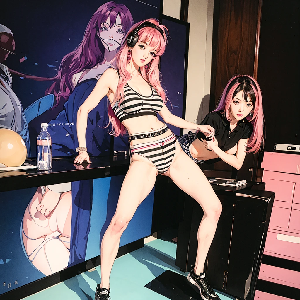 beautiful Korean Girl, Hans Bellmer,Ball jointed doll,about 16years old, wearing high-end headphones office lady,wearing striped bra and socks,open legs,semi-long hair,nude,pink hair,sneer, no background, leather fashion,BDSM, shibari, a vibrator in pussy,1990s-style surrealism super real fashion illustration,photorealistic