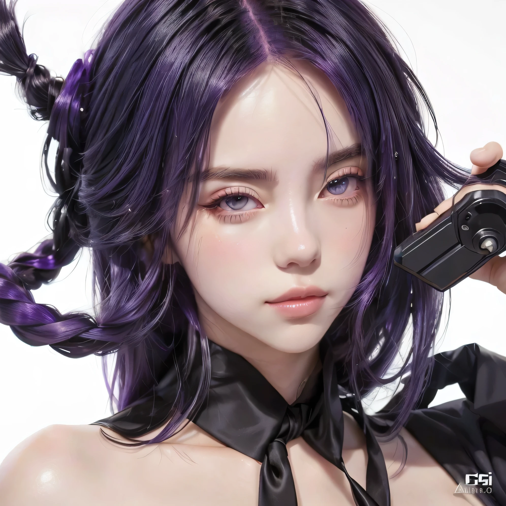 anime girl with purple hair and black tie holding a cell phone, ig model | artgerm, by Yang J, extremely detailed artgerm, artwork in the style of guweiz, trending on cgstation, guweiz, high quality portrait, trending artgerm, stunning anime face portrait, g liulian art style, beautiful anime portrait