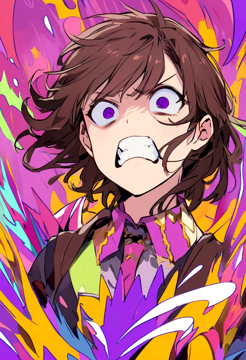 Jagged teeth、Brown Hair、Purple mesh、Confused eyes