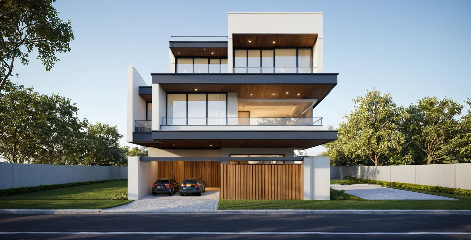 townhouse, (modern style:1.2), open roof top sky, exterior design, perspective view, (white wall:1.3), (block sidewalks and asphalt roads), (day sky background), Low trees around the house, (the house next door is lower than the subject designer's house), (mid day), (Neutral lighting is suitable for the townhouse, light color thermometer lighting), (architectural design visualization), (reflection), (focus on object), (material normal bump real reflection), (scattered light), (light ray), (multi-beam light), (sunbeam) (multi-level reflection), (chao vantage software visualization render),(((Best Quality))), ((Masterpiece)), ((best illustration)), ((best shadows)), ((Super Detail)), (Intricate lines), (Photorealism),(hyper detail), ((archdaily)), ((award winning design)), (dynamic light), ((day)), spotlight, (perfect light), (shimering light), ((photorealistic)), ((intricate detail)), ((extreme detail)), ((crazy detail)), ((octane render)), ((trending on artstation)), ((High-fidelity)), ((Viwvid)), ((Crisp)), ((Bright)), ((Stunning)), ((Eye-catching)), ((High-quality)),((Sharp))((Bright)), ((Stunning)), ((natural sun environment)), ((Eye-catching)), ((Illuminating)), ((Flawless)), ((High-quality)),((Sharp edge render)), ((medium soft lighting)), ((photographic render)), ((detailed archviz)), ((reality environment)), (modern townhouse design architectural design facade), (modern townhouse facade roof design), (modern townhouse facade wall design), (modern townhouse facade decoration material design) (townhouse facade door and window design modern), (environmental lighting design), (modern townhouse facade lighting design), (modern townhouse front gate and fence design), (Design lights for gate posts and fences), (townhouse facade railing design), (level of photo realism, depends on lighting, materials, composition, Real-Time Rendering, based on chao vantage timage rendering graphics software)