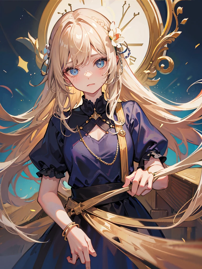 single anime girl, teenage, short
BREAK long blond hair, braid, side bangs, hair ornament, flower hair clip, blue eyes, thin lips, small , thin thighs
BREAK casual dress, gold ring, sleeveless dress, dark blue dress
BREAK looking at viewer, upper body, blush, slightly annoyed face, walking, dynamic pose
BREAK middle ages city background
BREAK (masterpiece:1.2), best quality, high resolution, unity 8k wallpaper, (illustration:0.8), (beautiful detailed eyes:1.6), extremely detailed face, perfect lighting, extremely detailed CG, (perfect hands, perfect ???????)