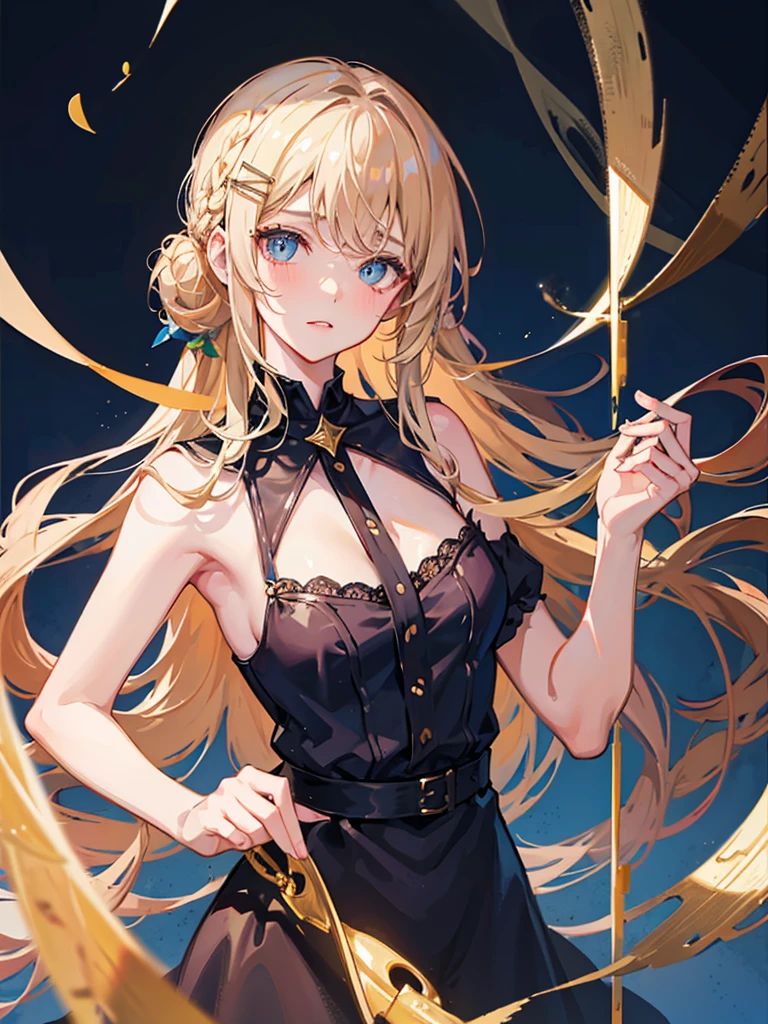single anime girl, teenage, short
BREAK long blond hair, braid, side bangs, hair ornament, flower hair clip, blue eyes, thin lips, small , thin thighs
BREAK casual dress, gold ring, sleeveless dress, dark blue dress
BREAK looking at viewer, upper body, blush, slightly annoyed face, walking, dynamic pose
BREAK middle ages city background
BREAK (masterpiece:1.2), best quality, high resolution, unity 8k wallpaper, (illustration:0.8), (beautiful detailed eyes:1.6), extremely detailed face, perfect lighting, extremely detailed CG, (perfect hands, perfect anatomy)