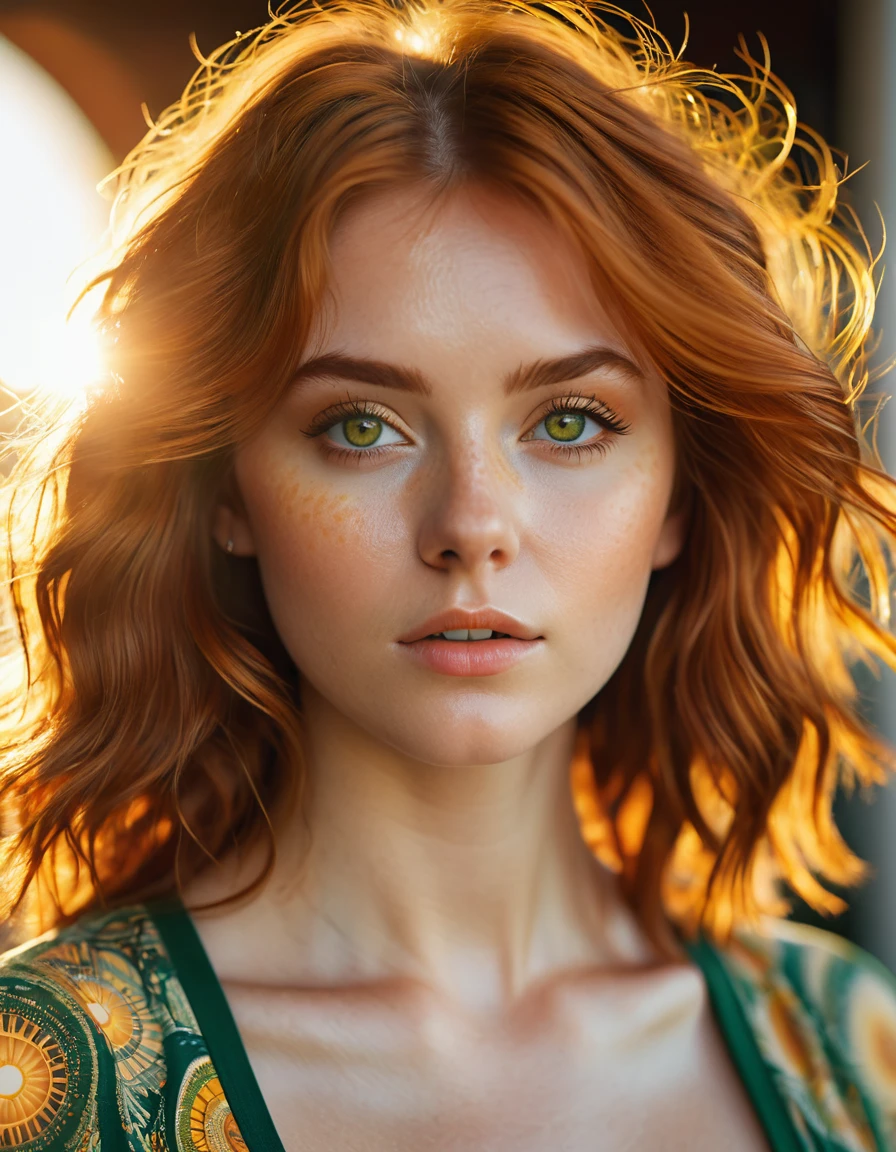 cinematic photo Cinematic image of an 18-year-old copper-haired woman with macroscopic patterns inspired by the sun. Bright hazel eyes. Highlight concentric circles, radiant sun rays and a balcony backdrop, sexy clothing, using a summery palette of warm yellows, oranges and soft greens. I would be. Look for a serene expression and warm, diffuse lighting to emphasize delicate sun-inspired textures. Photorealistic cinema, 8k UHD natural lighting, raw, rich and intricate details, key visual, atmospheric lighting, 35mm photography, film, bokeh, professional, 4k, highly detailed. Shallow depth of field, vignette, highly detailed, high budget, bokeh, cinemascope, vibrant, epic, gorgeous, film grain, grainy, cinematic photorealistic, 8k uhd natural lighting, raw, rich and intricate details, key visual, atmospheric lighting, 35mm photography, film, bokeh, professional, 4k, highly detailed, cinematic, colorful background, concept art, 8k, dramatic lighting, high detail, highly detailed, hyper realistic, intricate, intricate sharp details, octane rendering, soft, lighting study, trend in artstation. . 35mm photography, film, bokeh, professional, 4k, highly detailed, dark skin