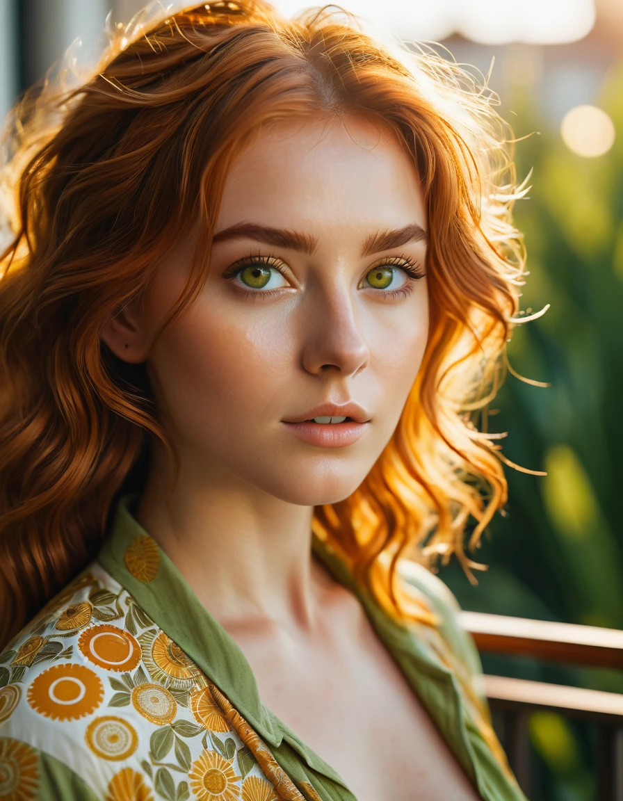 cinematic photo Cinematic image of an 18-year-old copper-haired woman with macroscopic patterns inspired by the sun. Bright hazel eyes. Highlight concentric circles, radiant sun rays and a balcony backdrop, sexy clothing, using a summery palette of warm yellows, oranges and soft greens. I would be. Look for a serene expression and warm, diffuse lighting to emphasize delicate sun-inspired textures. Photorealistic cinema, 8k UHD natural lighting, raw, rich and intricate details, key visual, atmospheric lighting, 35mm photography, film, bokeh, professional, 4k, highly detailed. Shallow depth of field, vignette, highly detailed, high budget, bokeh, cinemascope, vibrant, epic, gorgeous, film grain, grainy, cinematic photorealistic, 8k uhd natural lighting, raw, rich and intricate details, key visual, atmospheric lighting, 35mm photography, film, bokeh, professional, 4k, highly detailed, cinematic, colorful background, concept art, 8k, dramatic lighting, high detail, highly detailed, hyper realistic, intricate, intricate sharp details, octane rendering, soft, lighting study, trend in artstation. . 35mm photography, film, bokeh, professional, 4k, highly detailed, dark skin