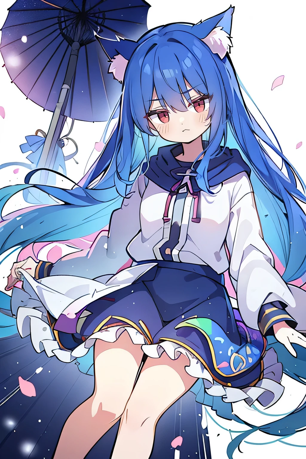 (masterpiece:1.2),Super detailed,lifelike,Expressive eyes,fair skin,perfect face shape,1 girl,
Japanese comics,Gorgeous blue hair,flowing blue hair,flowing clothes,Cat ears,Petals fall,beautiful lola,Baby Angel,
Shaking head with one hand,Cross your legs,Gentle and peaceful background,The pavilion is cool and comfortable,smile, wearing hoodie, background of tokyo,back views,snowing, winter.