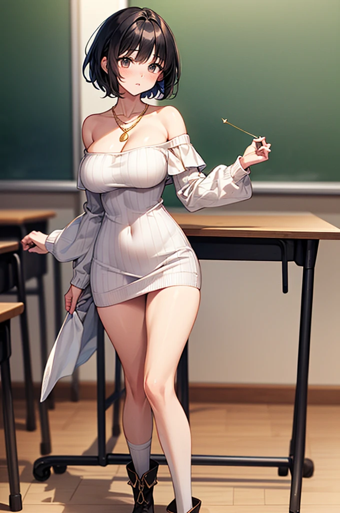 solo、Female college student、(Big Breasts、Big Tits)、(Black Hair、Very Short Hair、Boyish cut)、(White off-shoulder ribbed knit、white long sleeves white、White dress white、White Micro Mini White、White mesh panties)、Gold Necklace、(Bare thighs、Smooth thighs)、Black short boots、Stand with your legs spread wide、University、classroom