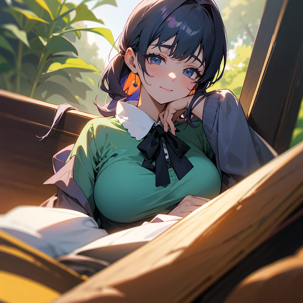 obra maestra, alta calidad, 8k, beautiful lighting, 1 chica, solo, Kurokawa Akane (Oshi no Ko), LoRA, corbata azul, vestido largo verde oliva, largo hasta la mitad de la espalda, cabello morado oscuro, con flequillo hasta la barbilla colgando a ambos lados, ojos morados claros, lunar debajo del ojo derecho, mami, cabello trenzado debajo del hombro derecho, 32 years, parte superior del cuerpo, retrato, mirando al espectador, en una lujosa sala de estar, breast size in cup, sonrisa, quitarse las ataduras y cuellos de camisa futanari en ropa interior pene