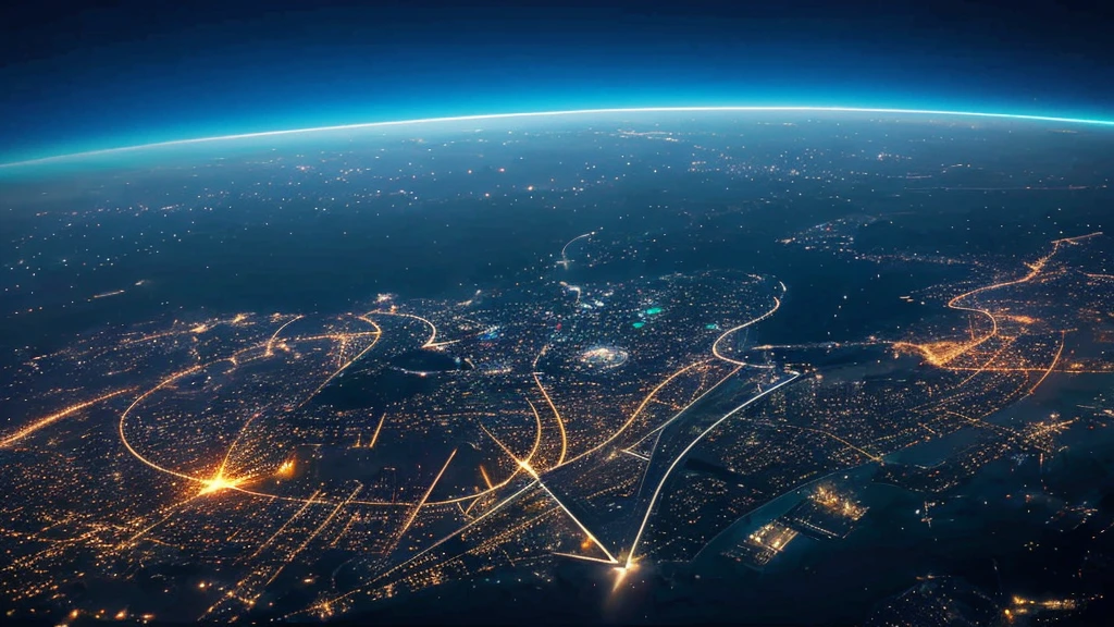 Night view from the plane,futuristic city:1.3,port,Flying spaceship,Skyscraper,masterpiece,best quality,Ultra-high resolution,(Very detailed:1.2),8K,Reality,best aesthetics,beautiful,crisp