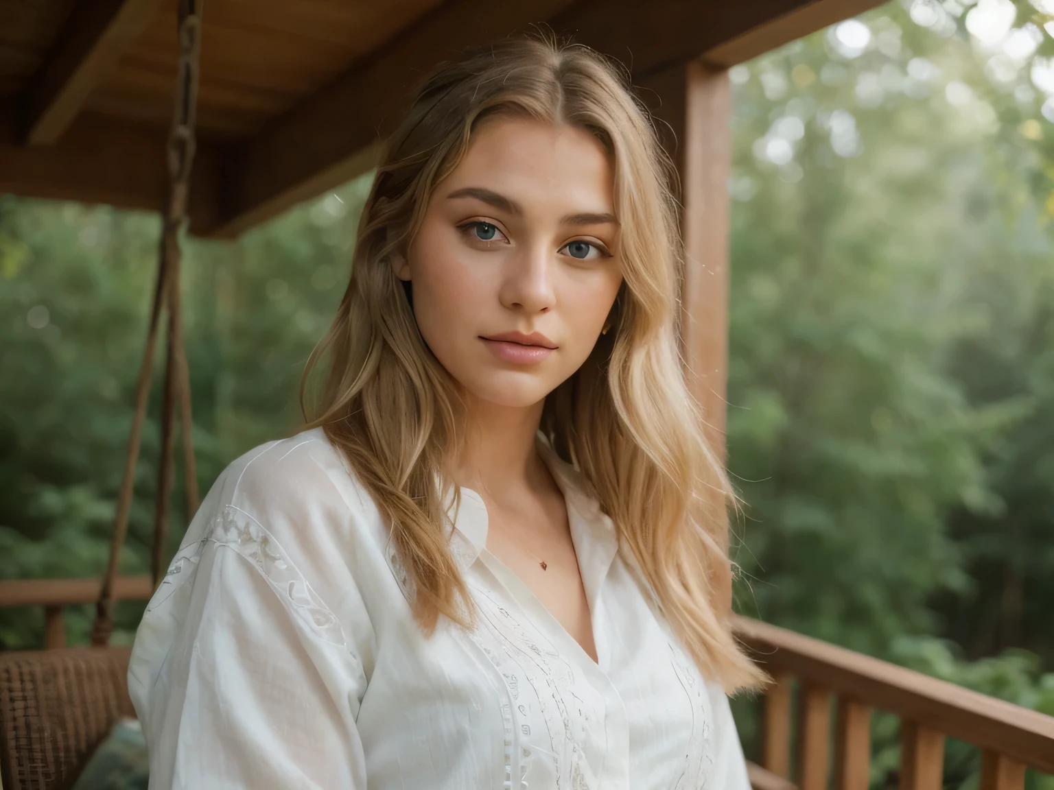 [a young caucasian female with blond braided hair and blue eyes], [a young caucasian male with green eyes], sitting on a porch swing made from spider web, pacific northwest forest, full body (best quality,4k,8k,highres,masterpiece:1.2),ultra-detailed,(realistic,photorealistic,photo-realistic:1.37),extremely detailed eyes and face,beautiful detailed eyes,beautiful detailed lips,longeyelashes,intricate details,lush foliage,natural lighting,soft colors,warm tones,serene atmosphere, hyperrealistic