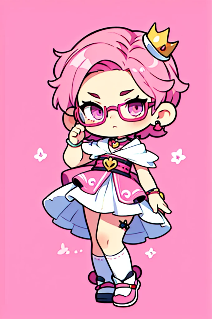1 person , man ,Short haircut ,cartoon girl with pink hair and glasses wearing a crown, ((pink)), Official fan art, The delicate androgynous prince, anime moe art style, cute art style, Chibi style, 🍁 cute, Kawaii Chibi, ❤🔥🍄🌪, Chibi Art, Fan Art Demon Slayer Rui, cute character, Maple character art, High quality fan art