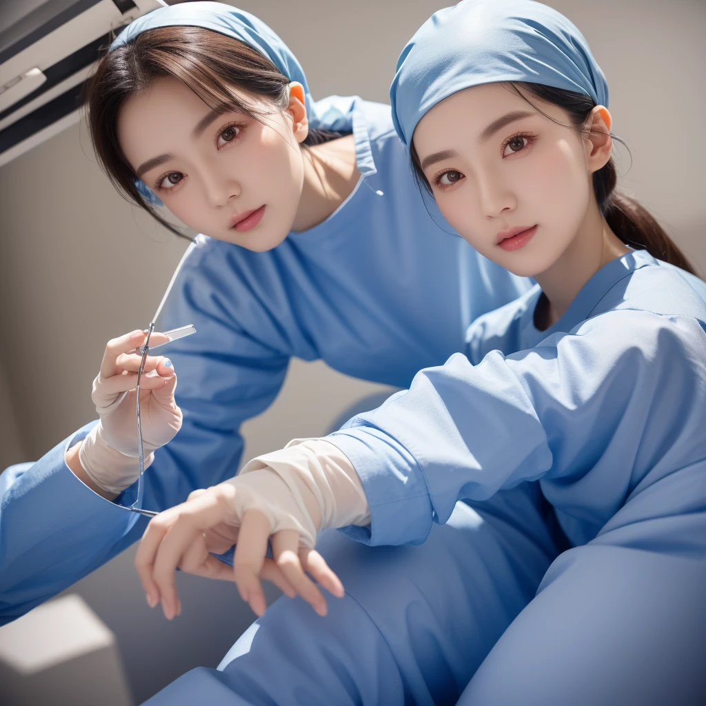 modern operating room, overhead surgical light, looking downward, 1girl, surgery_pov, view from below, pov, beautiful slim Korean woman, wearing (long sleeve surgical outfit, surgical mask, surgical gloves, surgical cap), solid circle eyes, ccurate, sparkling eyes, high detail, photo-realistic:1.37, 8k, super detail, best quality, masterpiece, anatomically correct, super detail, textured skin, extremely detailed face and eyes, detailed facial features, ((perfect face))