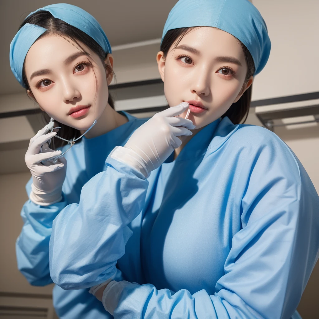 modern operating room, overhead surgical light, looking downward, 1girl, surgery_pov, view from below, pov, beautiful slim Korean woman, wearing (long sleeve surgical outfit, surgical mask, surgical gloves, surgical cap), solid circle eyes, ccurate, sparkling eyes, high detail, photo-realistic:1.37, 8k, super detail, best quality, masterpiece, anatomically correct, super detail, textured skin, extremely detailed face and eyes, detailed facial features, ((perfect face))