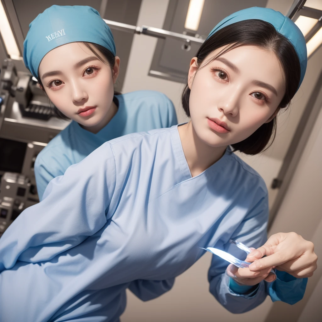 modern operating room, overhead surgical light, looking downward, 1girl, surgery_pov, view from below, pov, beautiful slim Korean woman, wearing (long sleeve surgical outfit, surgical mask, surgical gloves, surgical cap), solid circle eyes, ccurate, sparkling eyes, high detail, photo-realistic:1.37, 8k, super detail, best quality, masterpiece, anatomically correct, super detail, textured skin, extremely detailed face and eyes, detailed facial features, ((perfect face))