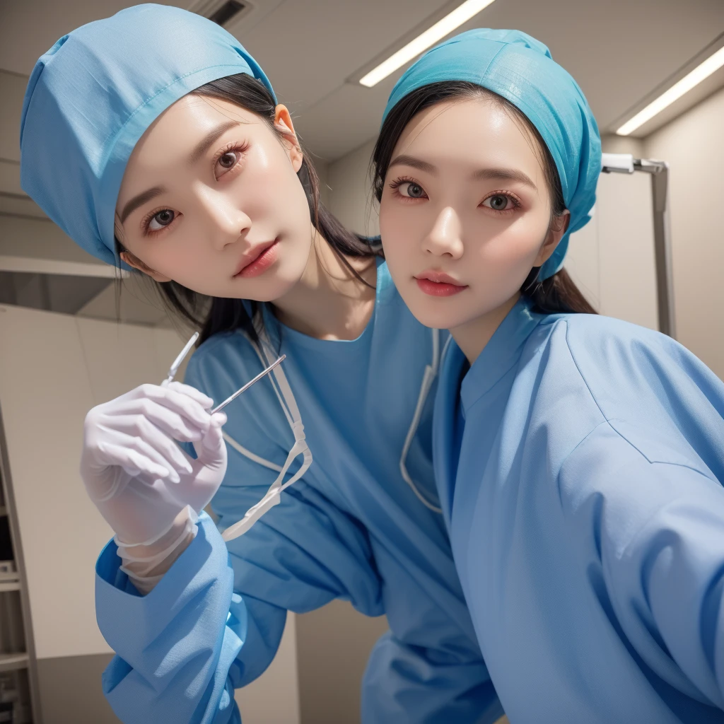 modern operating room, overhead surgical light, looking downward, 1girl, surgery_pov, view from below, pov, beautiful slim Korean woman, wearing (long sleeve surgical outfit, surgical mask, surgical gloves, surgical cap), solid circle eyes, ccurate, sparkling eyes, high detail, photo-realistic:1.37, 8k, super detail, best quality, masterpiece, anatomically correct, super detail, textured skin, extremely detailed face and eyes, detailed facial features, ((perfect face))