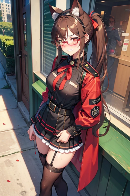 High-quality masterpiece, train station scene, lone female Fortnite skin, naval blue legs, red boots gleaming, red short shirt contrasting, black leather jacket covering shoulders, lilac twintails cascading gracefully, expression with captivating yellow eyes, full body rendering, wide hips emphasized, dynamic light and shadow play, sharp focus and depth of field, intricately detailed, 8k resolution.