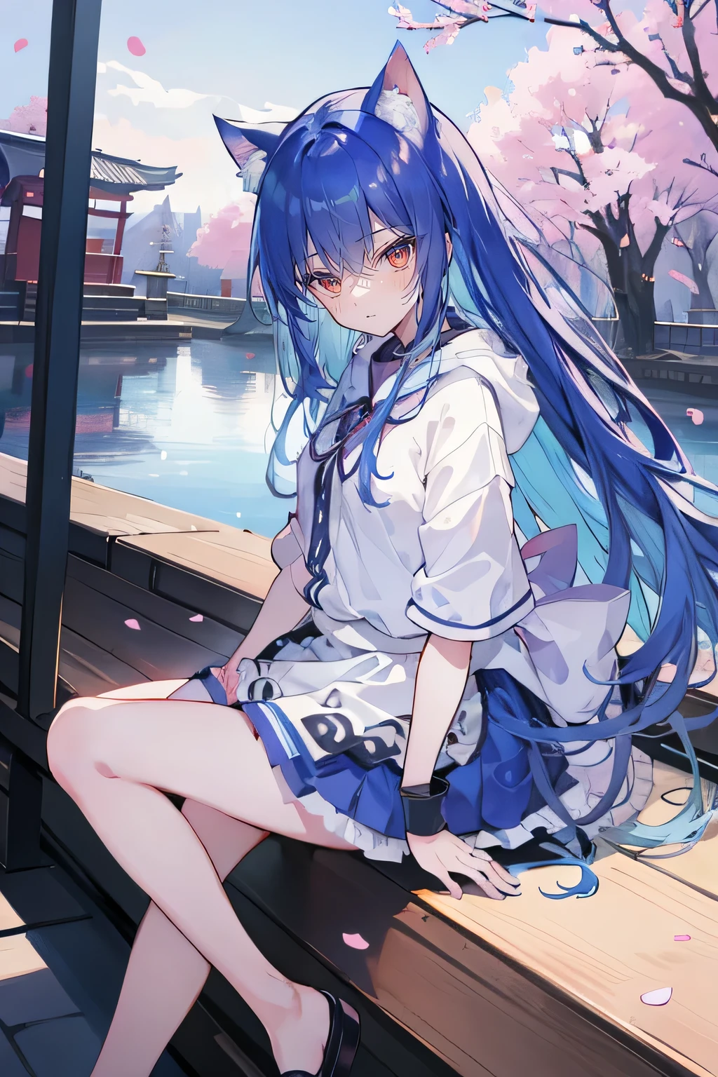 (masterpiece:1.2),Super detailed,lifelike,Expressive eyes,fair skin,perfect face shape,1 girl,
Japanese comics,Gorgeous blue hair,flowing blue hair,flowing clothes,Cat ears,Petals fall,beautiful lola,Baby Angel,
Shaking head with one hand,Cross your legs,Gentle and peaceful background,The pavilion is cool and comfortable,smile, wearing hoodie, background of tokyo,back views,snowing, winter.