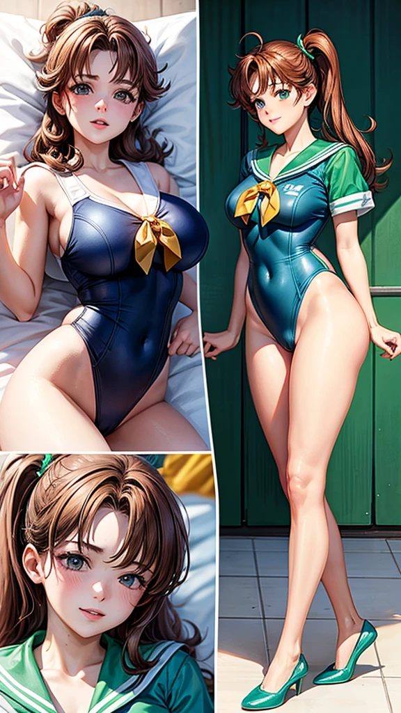 Sailor Jupiter having sex in a missionary position while wearing a racing swimsuit
