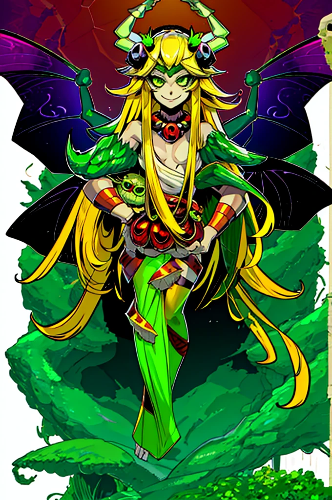 1girl, chibi spider girl, monster musume, , hairy thin long spider legs, dragonfly wings, moth antenas on head, blonde long hair, yellow hair, green clothes, green eyes, flat chest, smiling innocently, hades style, hadesstyle, hades2style, hades 2 style
