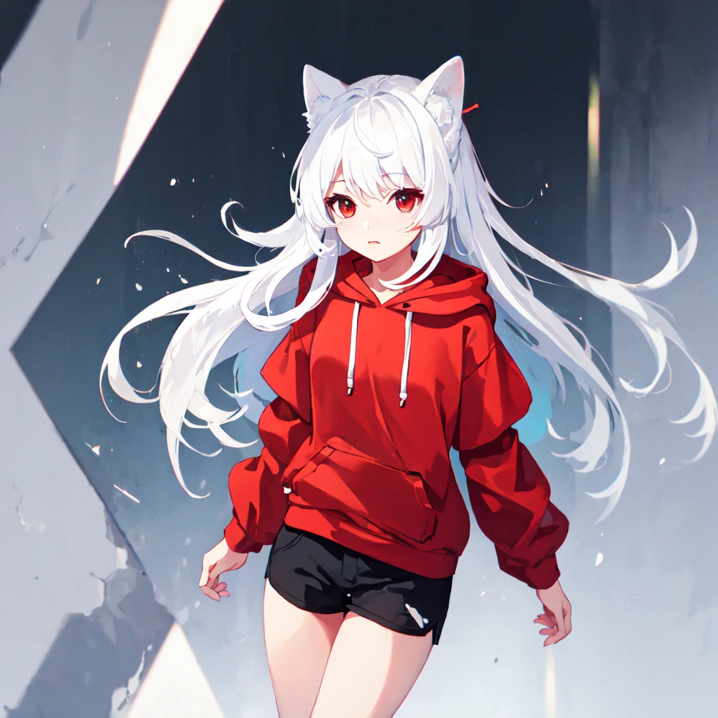 ((best quality)), ((masterpiece)), (detailed), perfect face, absurdres, simple background, solo, fox ears, white fox tail, long white hair, side ponytail, black scrunchie in hair, red eyes, oversized sweater, thighhighs, smile, red glasses, square glasses, full body