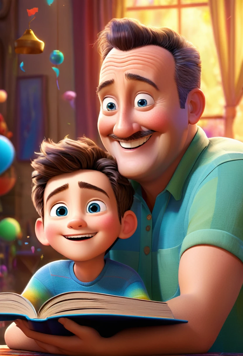 (wide amgle:1.2),(bright and vibrant colors), (highres), (realistic:1.37), Disney Pixar Movie poster, (art by Kevin James), skinny, no muscle, (55 years old man and his son),father and son, (beautiful detailed eyes:1.1), (beautiful detailed lips:1.1), smiling with a warm expression, (charming appearance:1.1), (professional lighting), (ultra-fine rendering), upper body shot, (expressive facial features:1.1), reading a book to the son, (reading intently:1.1), surrounded by magical elements representing different Pixar movies, (dynamic composition), (whimsical details), (playful characters), vibrant background, filled with color and joy, (3D render), (fantastical art style), (nostalgic aesthetic), (attention to detail:1.1).
