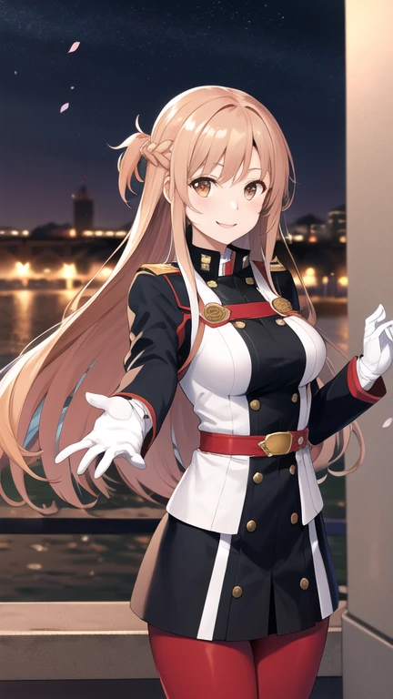 masterpiece, best quality, highres, ccasuna, long hair, brown hair, brown eyes, uniform, jacket, long sleeves, white gloves, belt, red pantyhose, cherry blossoms, night, reaching out, smile, petal