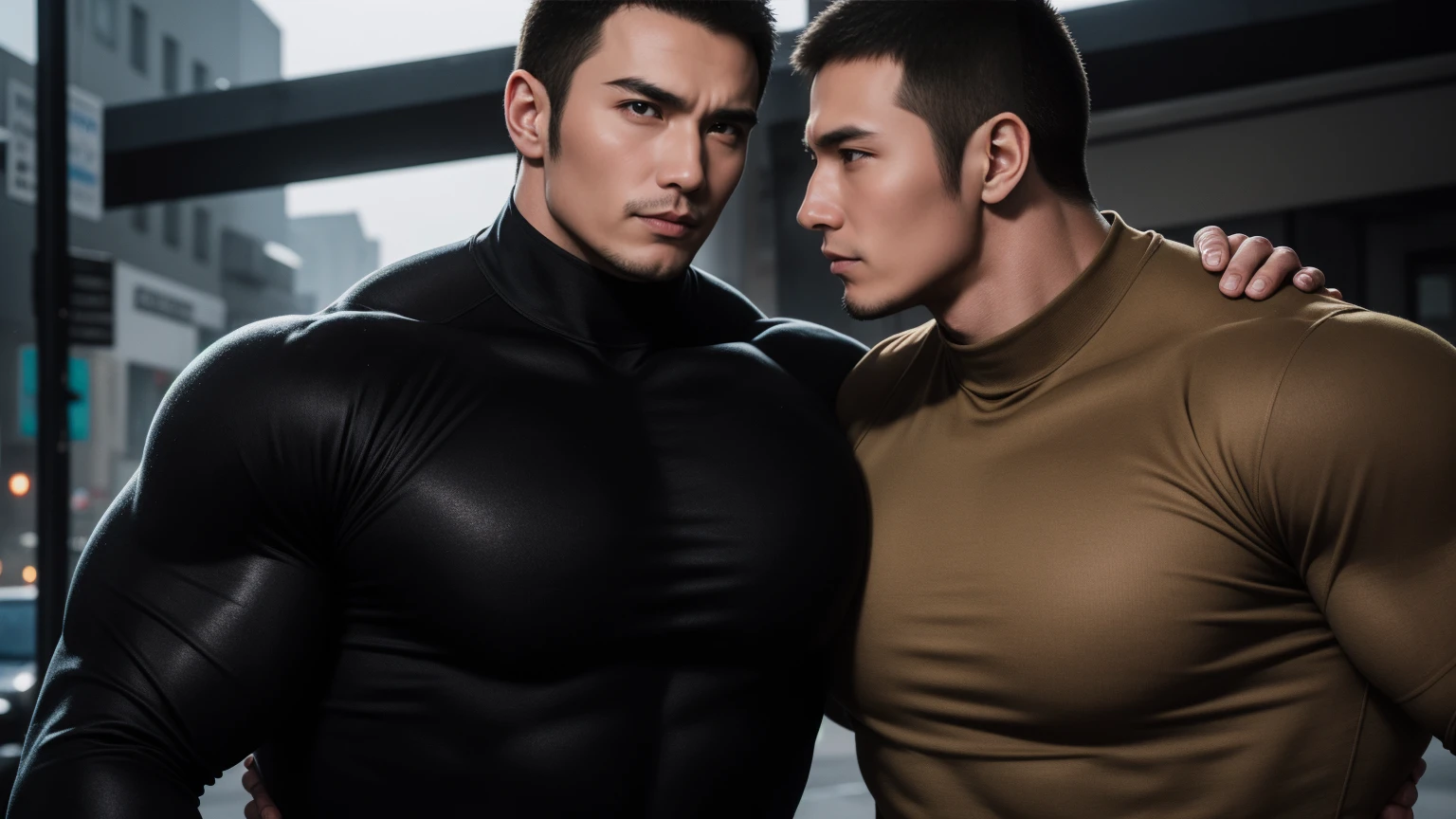 Super muscular man hugging, Gloomy eyes,Look at each other affectionately,They embrace affectionately,short hair,On a vintage outdoor street under the hot sun, Wear long sleeves, Deep turtleneck bodysuit, Thickened warm elastic texture,The clothes are dirty,There are mud stains,Looks sad, Thick thighs, messy hair, Thick thighs, High-necked long-sleeved dark yellow high-necked tights, very tight, Regular symmetrical pattern, Highlight muscles, Police uniform pants, character concept(Resident Evil - chris redfield, chris redfield)A proud expression, Deep and charming eyes, Valiant male pose, tall Burly, muscular!muscular thighs, Tough Guy, Perfect facial features, High, Burly, Heqiang, Super exquisite and cool, High Resolution Committee, Attractive, The sun is blazing, Dazzling