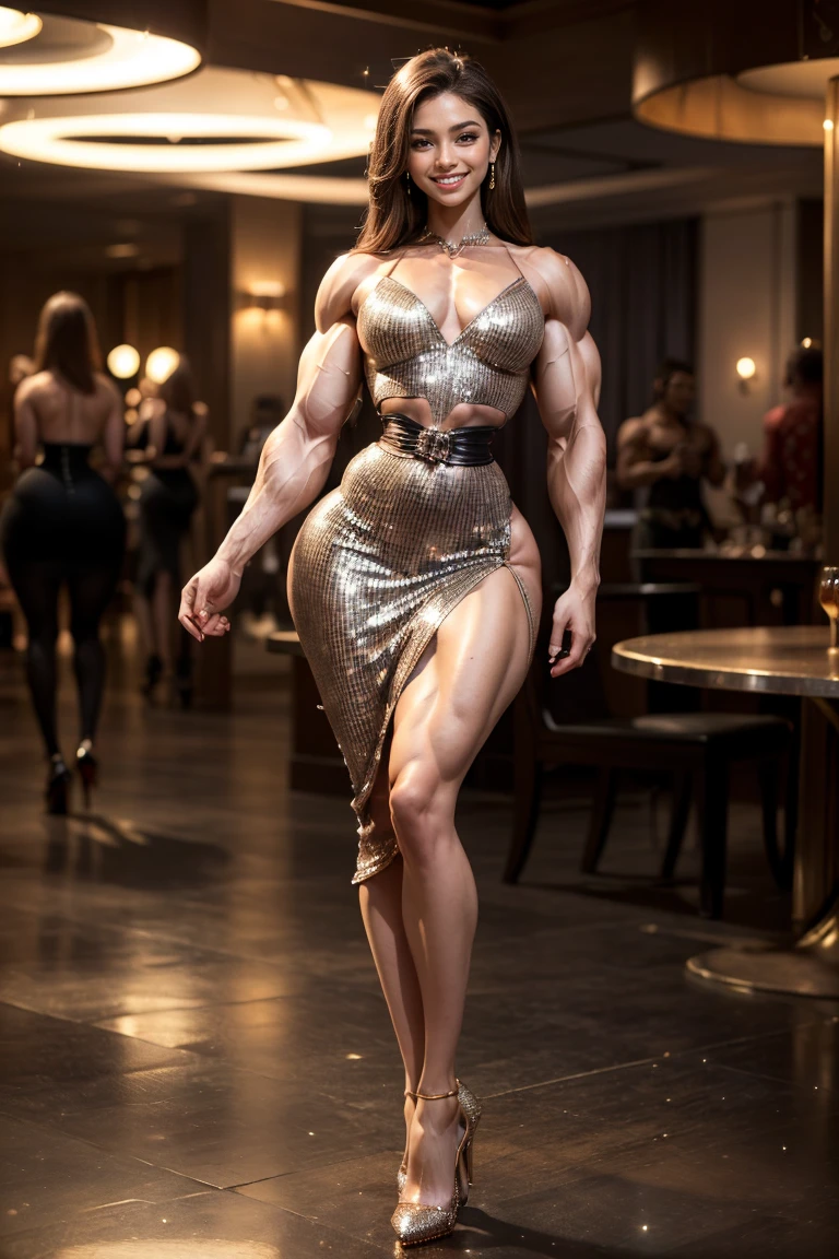 (Muscular:1.6), (muscular legs:1.6), (large muscular chest and shoulders:1.1), FEMALE, brown hair, long brown hair, (big smile:0), (wearing a tight sparkly black shoulder view dress:1.5), looking at viewer, (three quarter view:1.2), upper body view, (formal banquet:1.5), dark lighting, detailed skin, detailed eyes, (clean skin:1.5), (very thin waist:1.3), (huge body muscles:1.5), (one protagonist:1.5), (tall:1.7),