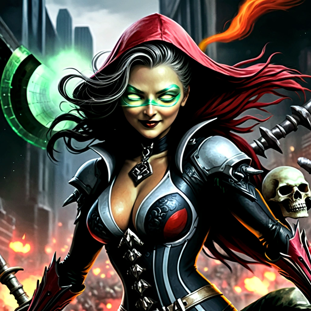 nix dark spawn woman very strong, black hair, 8k ultra high quality, masterpiece, ultra detailed, dark city around, rays cosmic around
