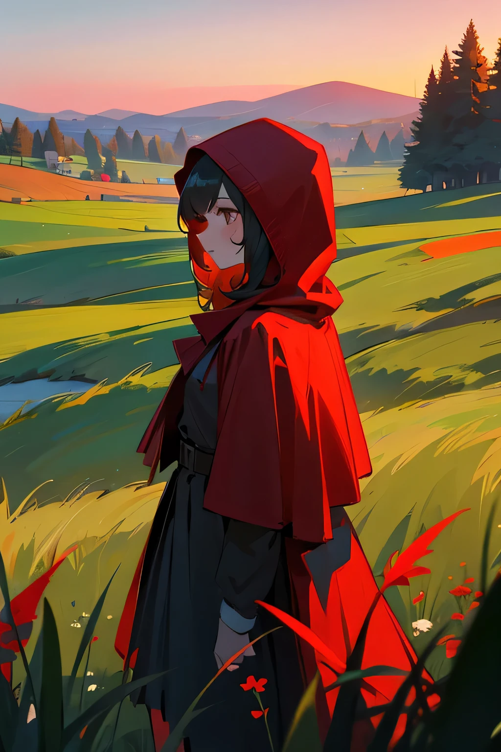 Red hood, girl, green meadow, sunset.