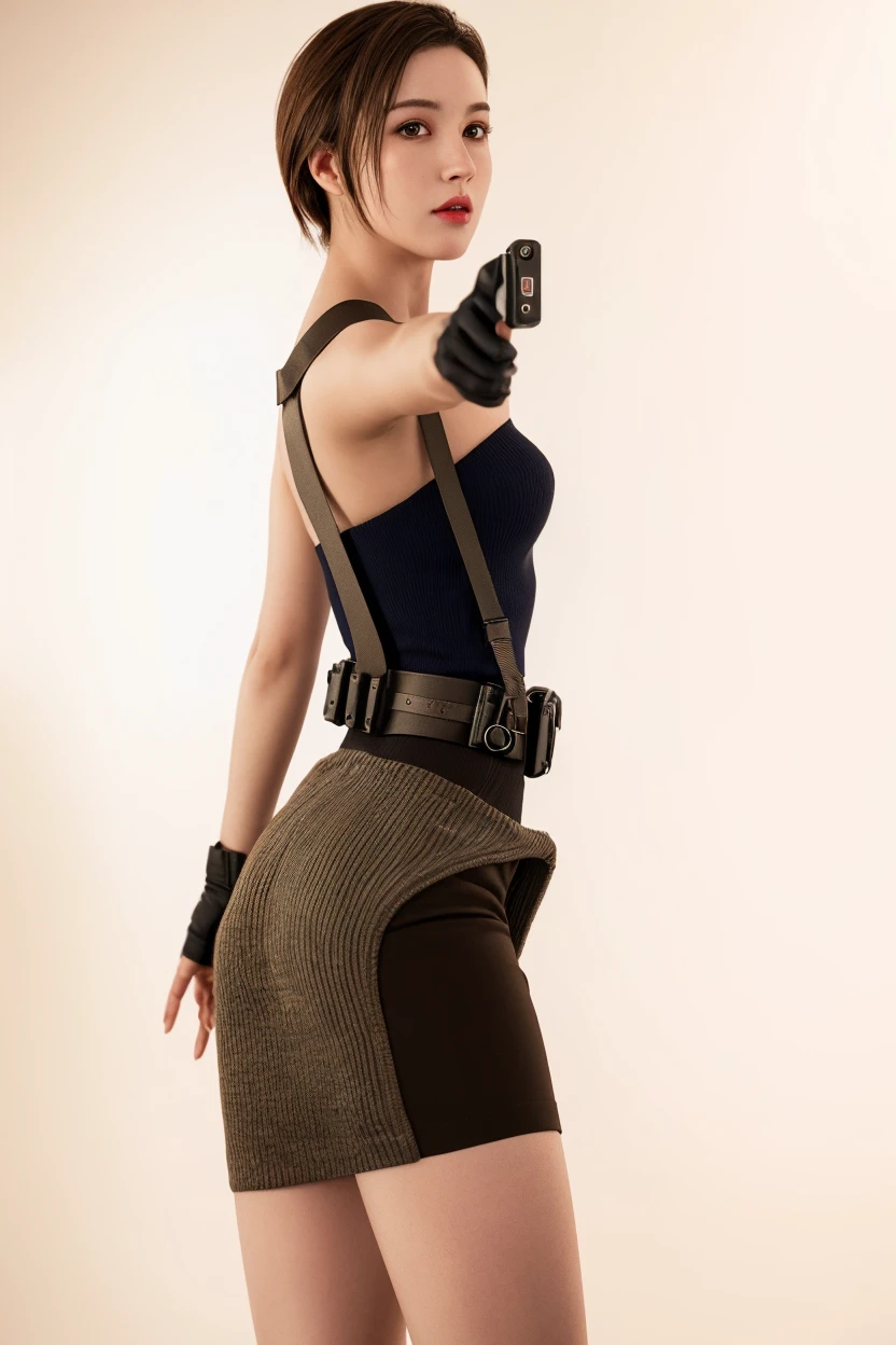 (at night), in a video game scene in the background, a beautiful city at night, raining, alone, standing looking straight ahead, military clothing with military green skirt and pants, black gloves, semi-short hair, ((semi-short hair)), 1 girl, 30 years old, young woman, perfect hands, Beautiful fingers, Beautiful long legs, Beautiful body, Beautiful nose, Beautiful character design, perfect face, looking straight at the viewer with a serious gesture, very upset looking at the viewer, she has a black whip in her hand (focusing on her face), closed mouth, smile_light, official art, extremely detailed CG unity 8k wallpaper, perfect lighting, bright and colorful front lighting, skin glossy (masterpiece: 1.0), (best_quality: 1.0), ultra high resolution, 4k, ultra detailed photography, 8K, hdr, high resolution, nonsense:1.2, Kodak portrait 400, film grain, blurred background, bokeh:1.2 , Lens flare, (vibrant_color:1.2), professional photography, (Beautiful, breasts: 1.4), (Beautiful_face: 1.5), (narrow waist),