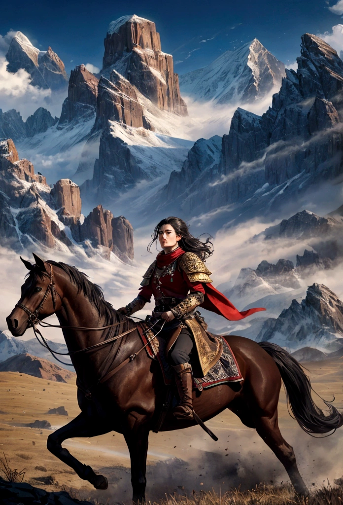 There are many people riding horses in a field with mountains in the background, Invading army background, Background of the invading forces, cavalry charge, photo of Goguryo, Writer: Kerembeyit, 4 k detail fantasy, heavy cavalry, Highly detailed digital art in 4K, 4K detailed digital art, cavalry, The return of the king. cinematic, Goguryo