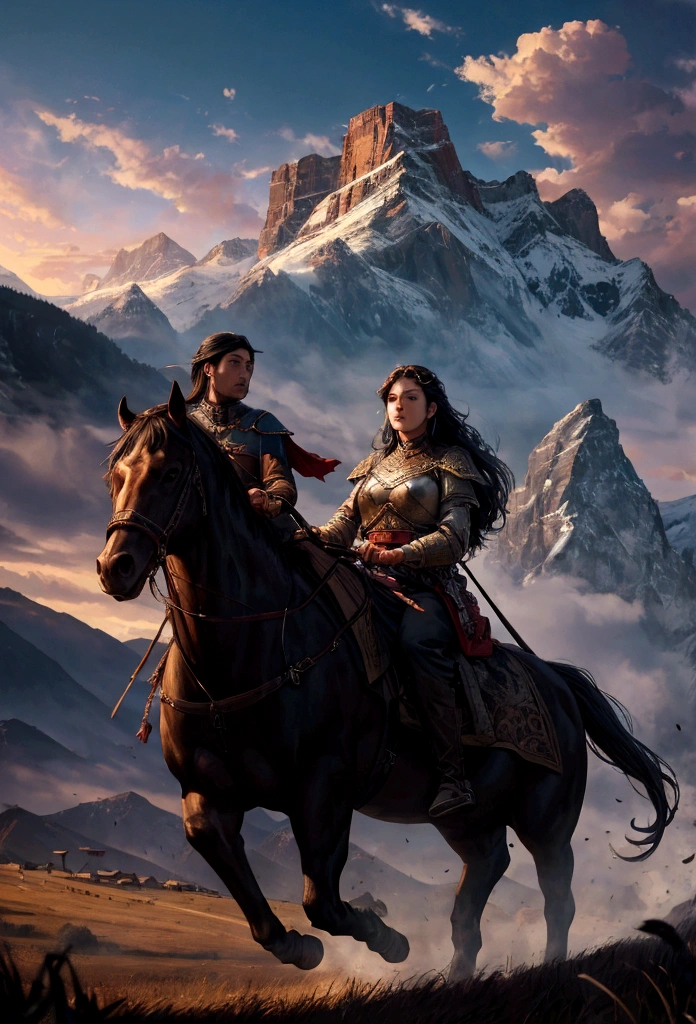 There are many people riding horses in a field with mountains in the background, Invading army background, Background of the invading forces, cavalry charge, photo of Goguryo, Writer: Kerembeyit, 4 k detail fantasy, heavy cavalry, Highly detailed digital art in 4K, 4K detailed digital art, cavalry, The return of the king. cinematic, Goguryo