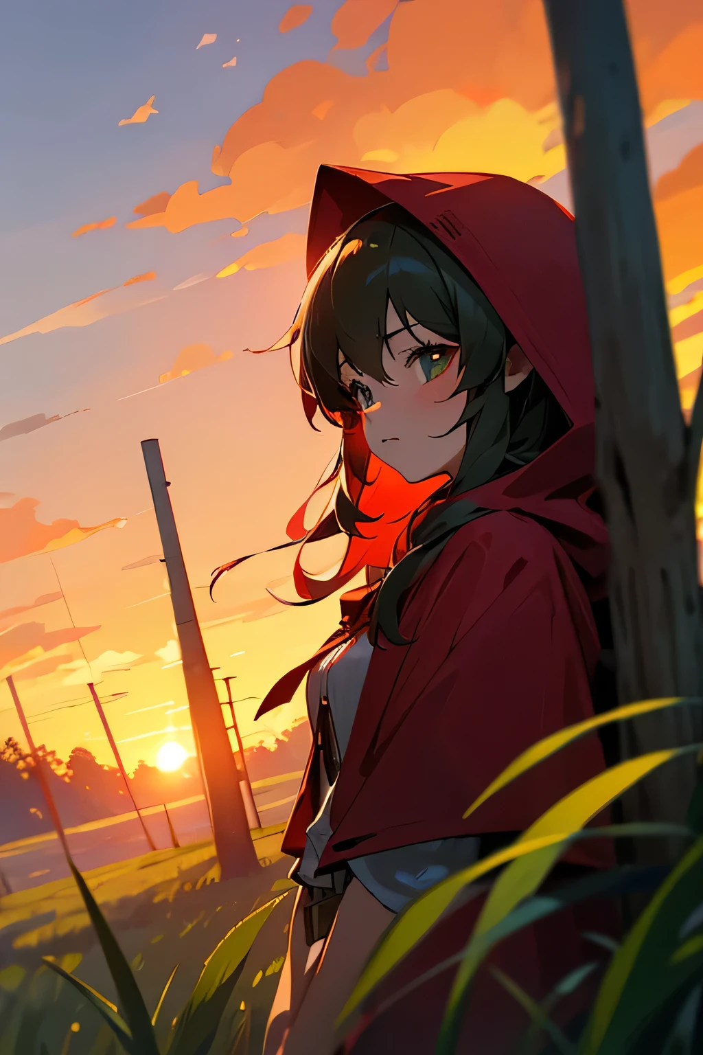 Red hood, girl, green meadow, sunset.