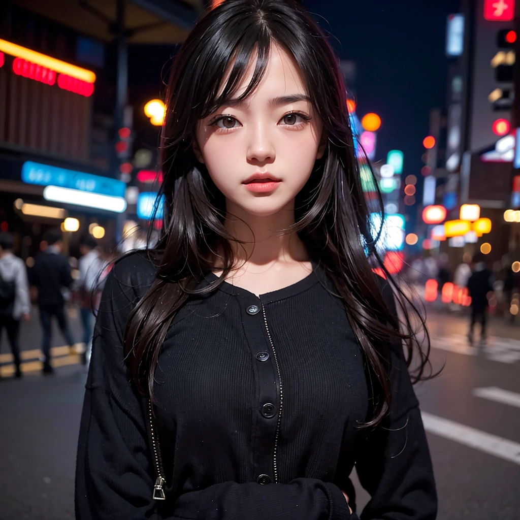 1girl, Tokyo street,night, cityscape,city lights, upper body,close-up, 8k, RAW photo, best quality, masterpiece,realistic, photo-realistic,